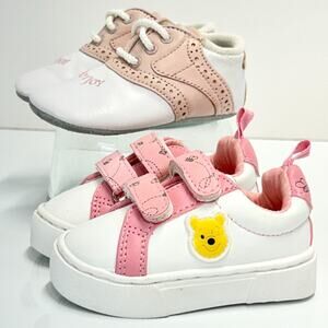 2 pair Baby Girl Vacation Shoes Size 2 DISNEY Pooh & FOOTJOY Saddle Golf Pink